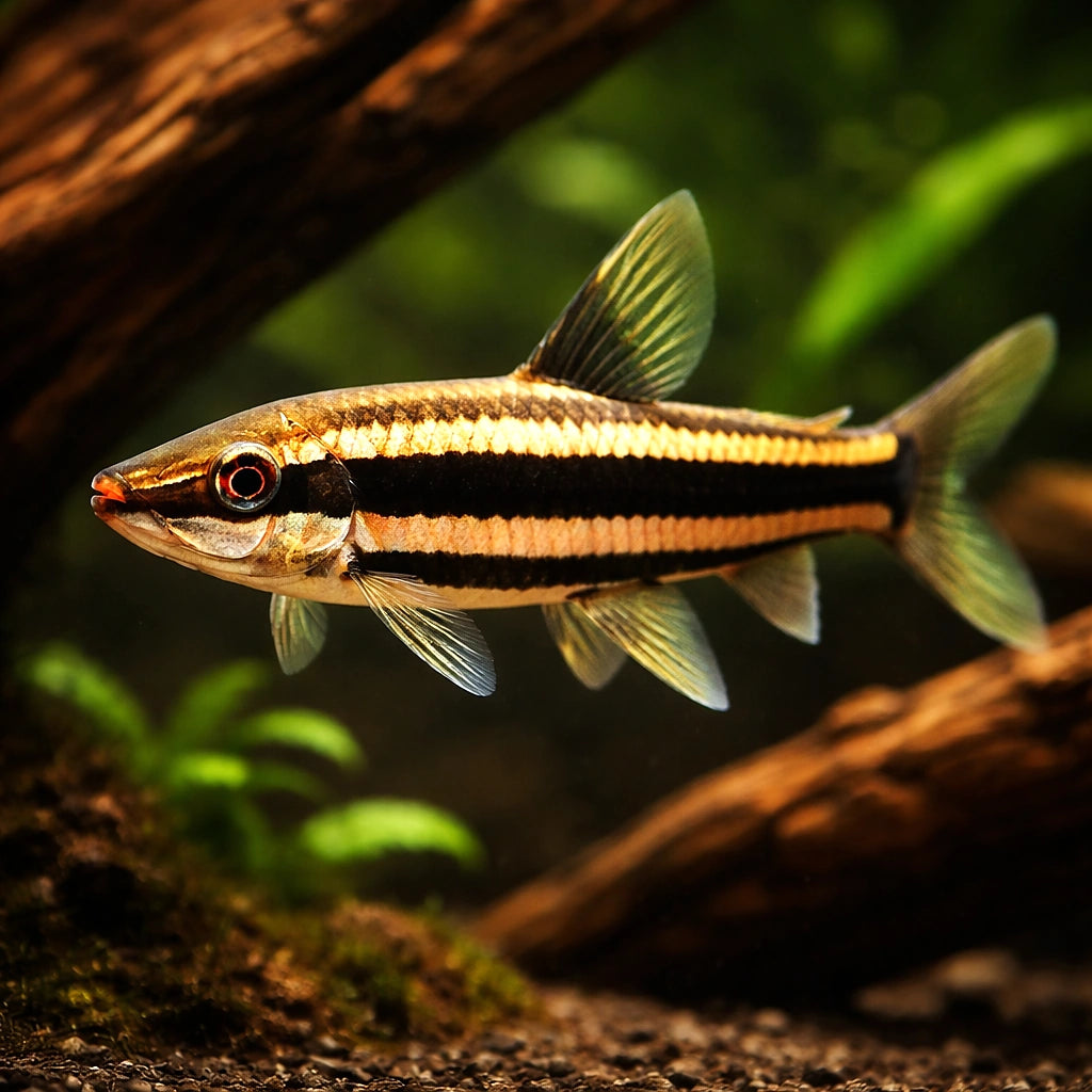 Goldstriped Headstander — tropical fish for sale UK — AI hero driftwood view