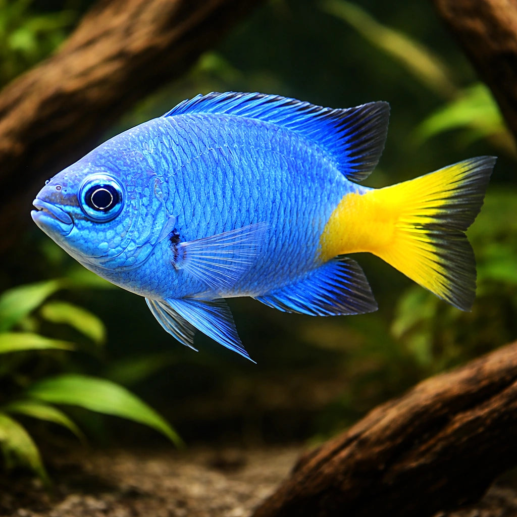 Goldtail Demoiselle M — tropical fish for sale UK — AI hero driftwood view