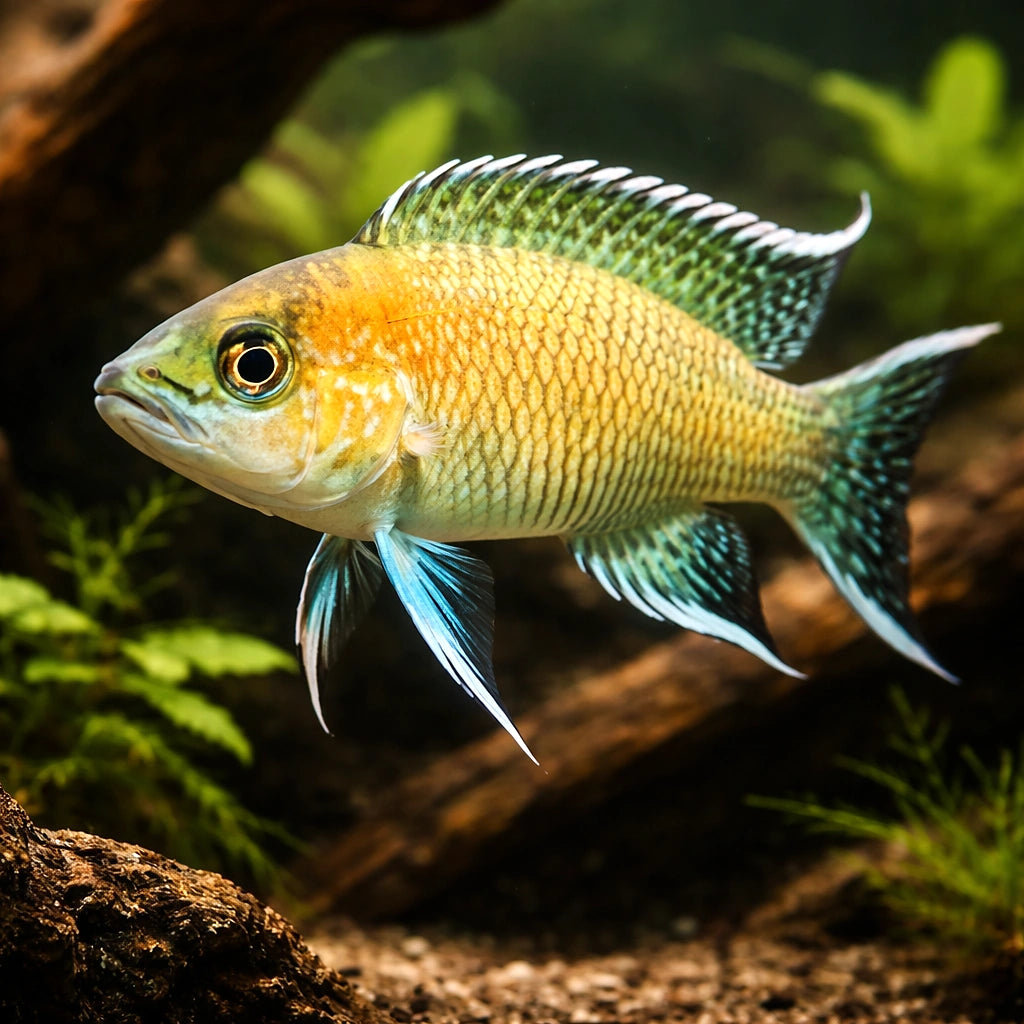 Graceful Lamprologus — tropical fish for sale UK — AI hero driftwood view