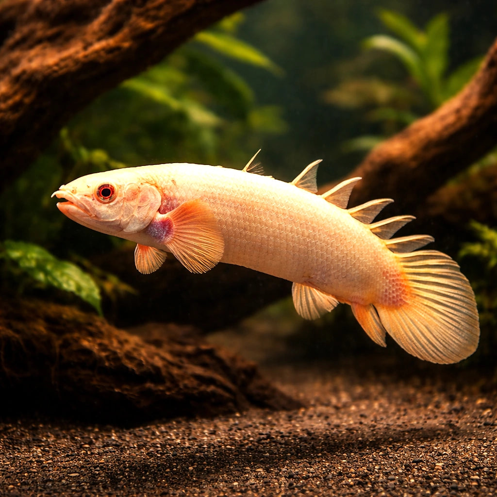 Polypterus Senegalus «Albino» - Albino Senegal Bichir - Albino Cuvier'S Bichir, Beautiful Tropical Fish Thriving in Freshwater Tanks, Ideal for Community Living with Other Aquatic Friends — for sale UK — AI hero driftwood view