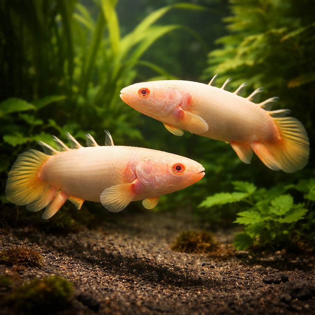 Polypterus Senegalus «Albino» - Albino Senegal Bichir - Albino Cuvier'S Bichir, Beautiful Tropical Fish Thriving in Freshwater Tanks, Ideal for Community Living with Other Aquatic Friends — for sale UK — AI pair planted view