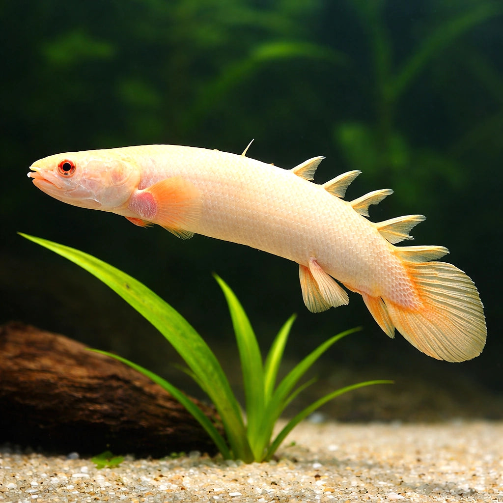 Polypterus Senegalus «Albino» - Albino Senegal Bichir - Albino Cuvier'S Bichir, Beautiful Tropical Fish Thriving in Freshwater Tanks, Ideal for Community Living with Other Aquatic Friends — for sale UK — AI scale plant view