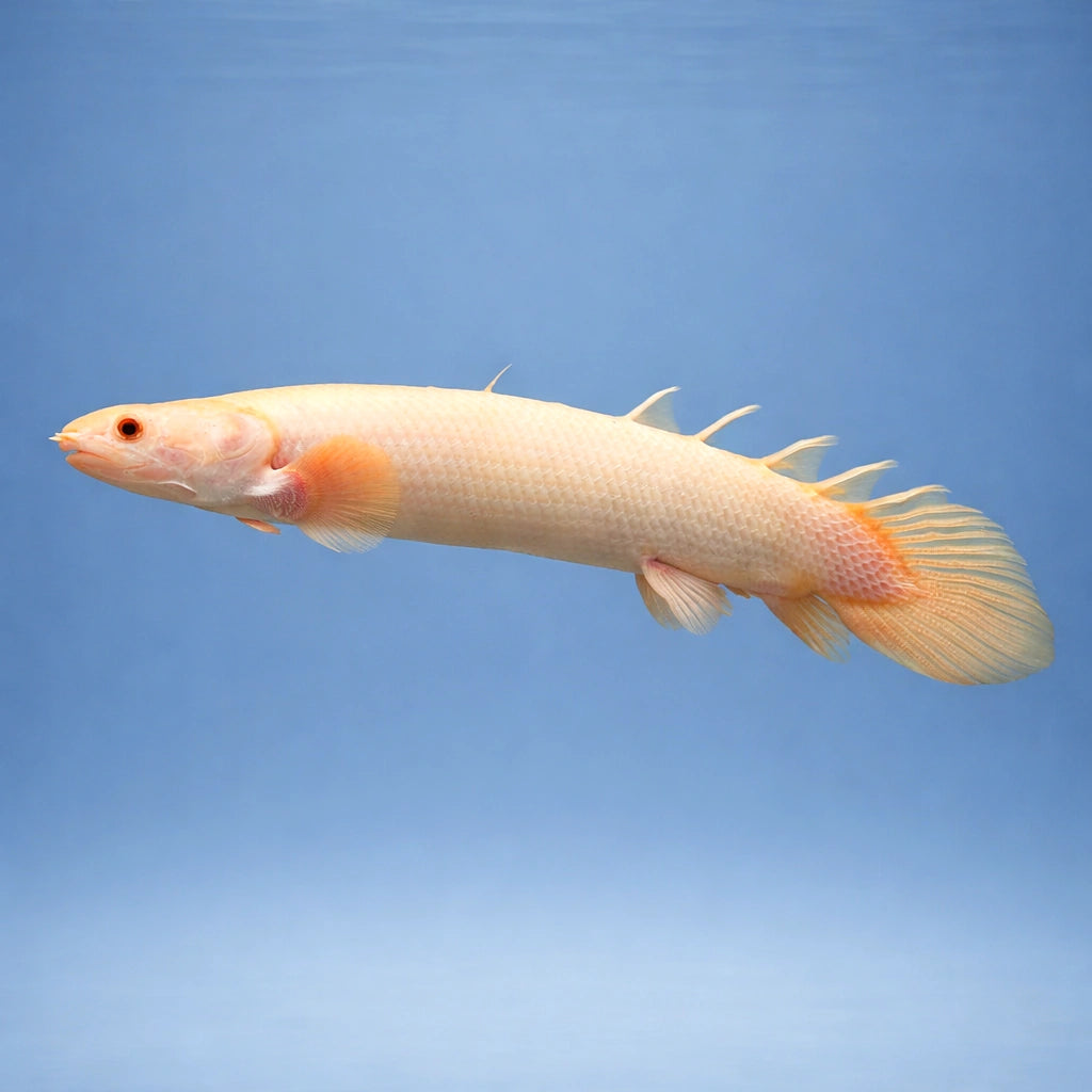 Polypterus Senegalus «Albino» - Albino Senegal Bichir - Albino Cuvier'S Bichir, Beautiful Tropical Fish Thriving in Freshwater Tanks, Ideal for Community Living with Other Aquatic Friends — for sale UK — AI side clean view