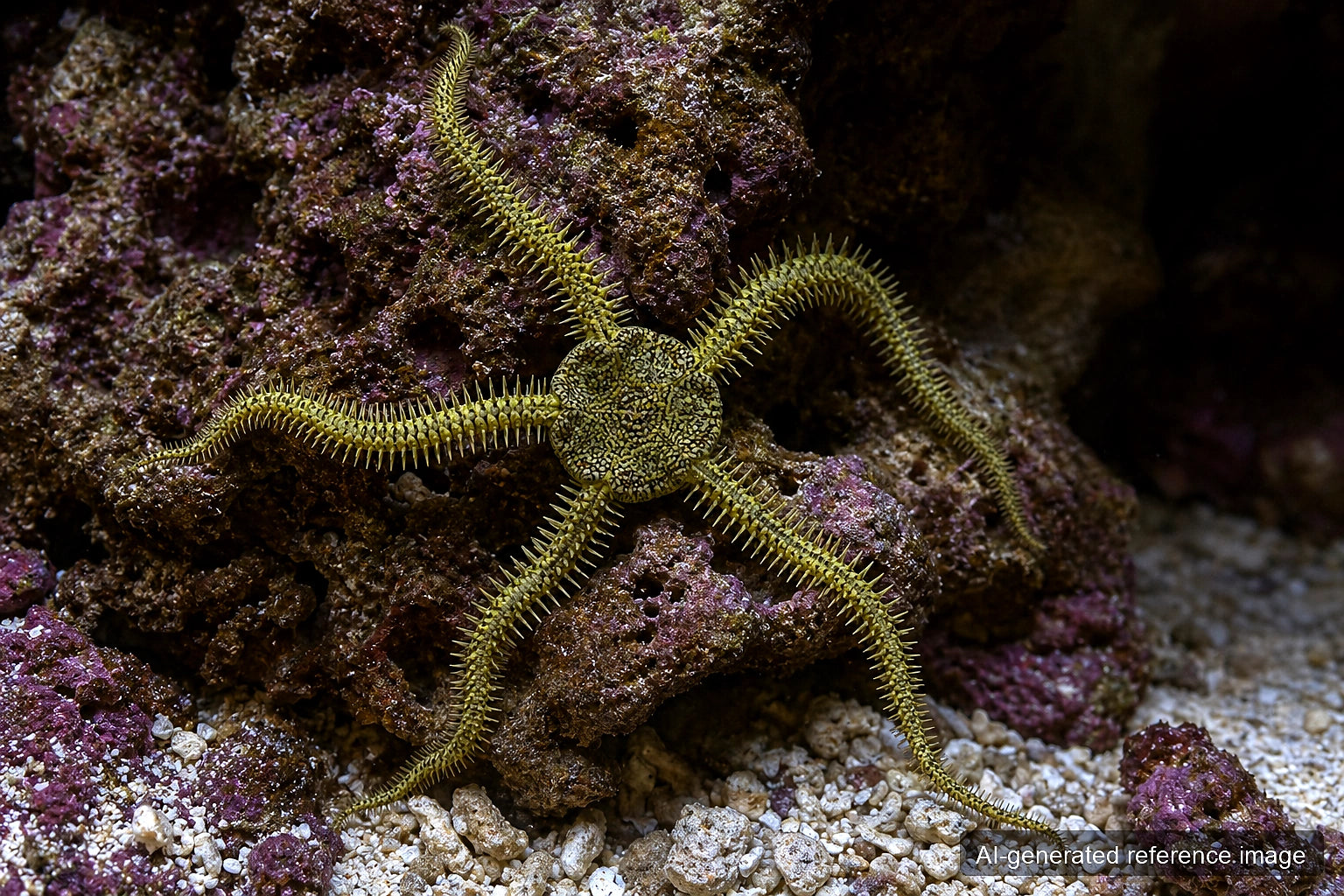 Green brittle star Ophiarachna incrassata extending from reef rock - AI-generated reference image