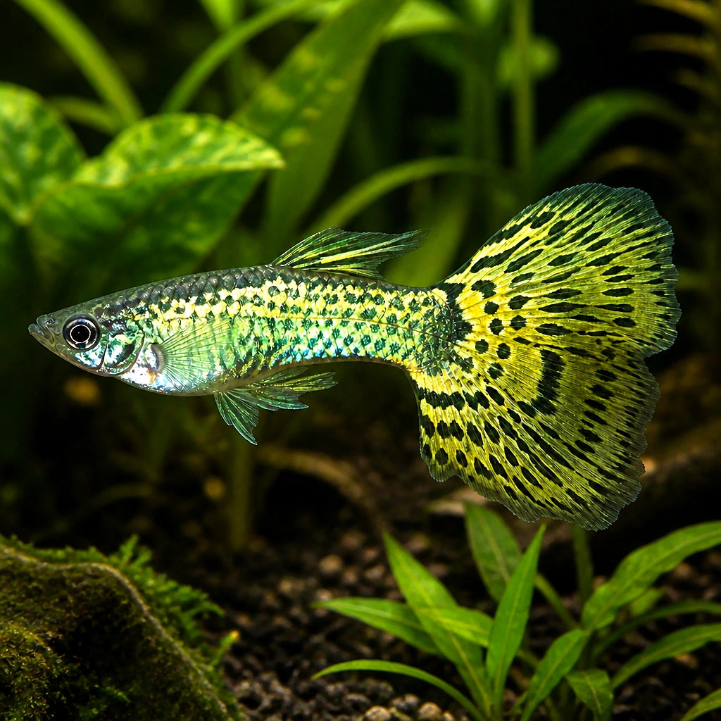 Green Cobra Male Guppy — tropical fish for sale UK — AI natural aquarium view
