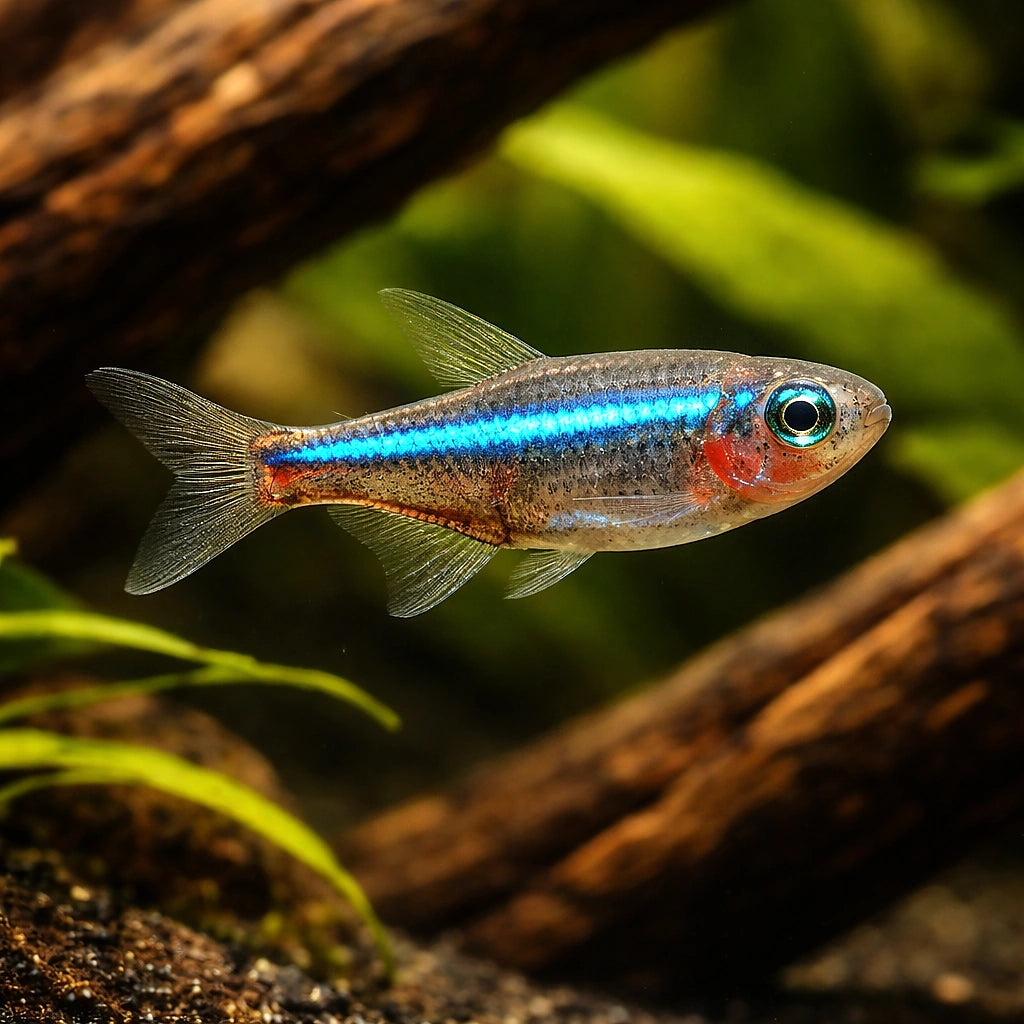 Green Neon Tetras — South American Tetra for sale UK — AI hero driftwood view