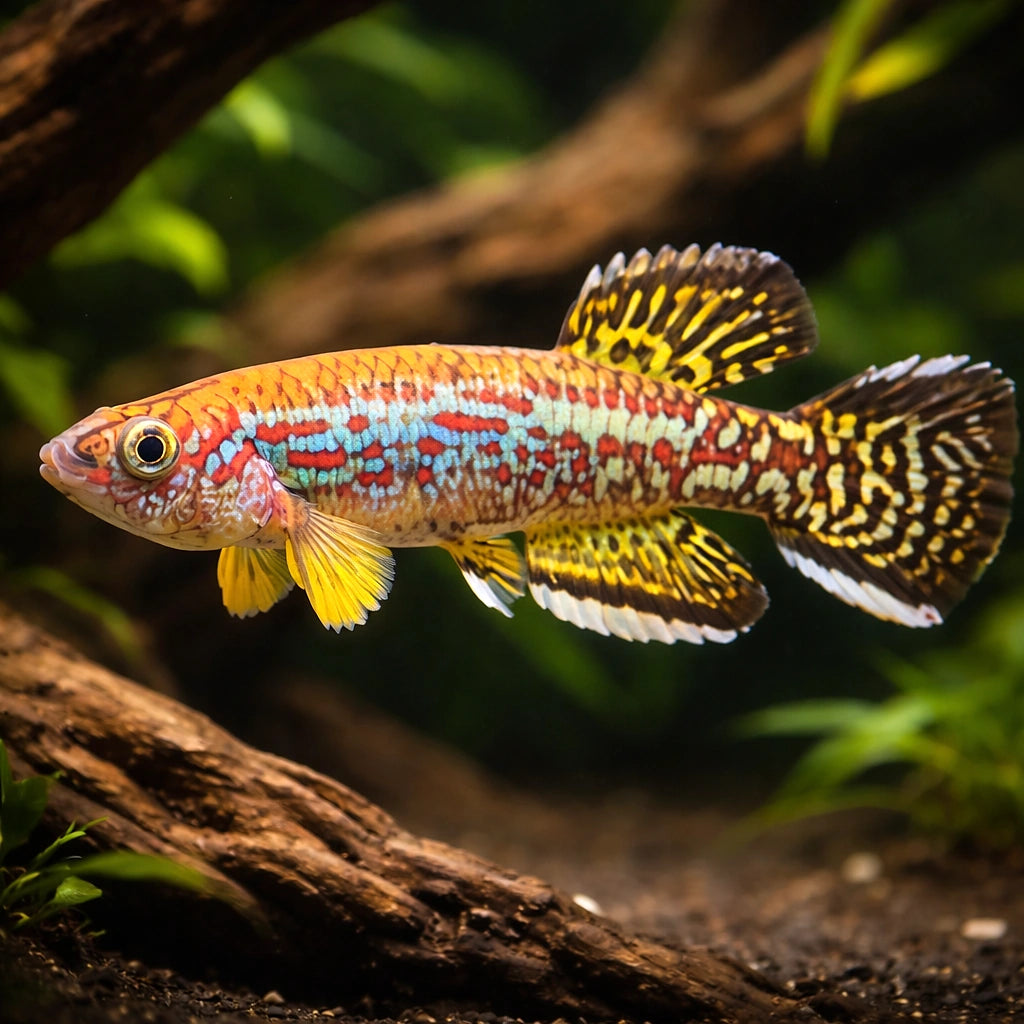Green-Spangled Chocolate Killie — tropical fish for sale UK — AI hero driftwood view