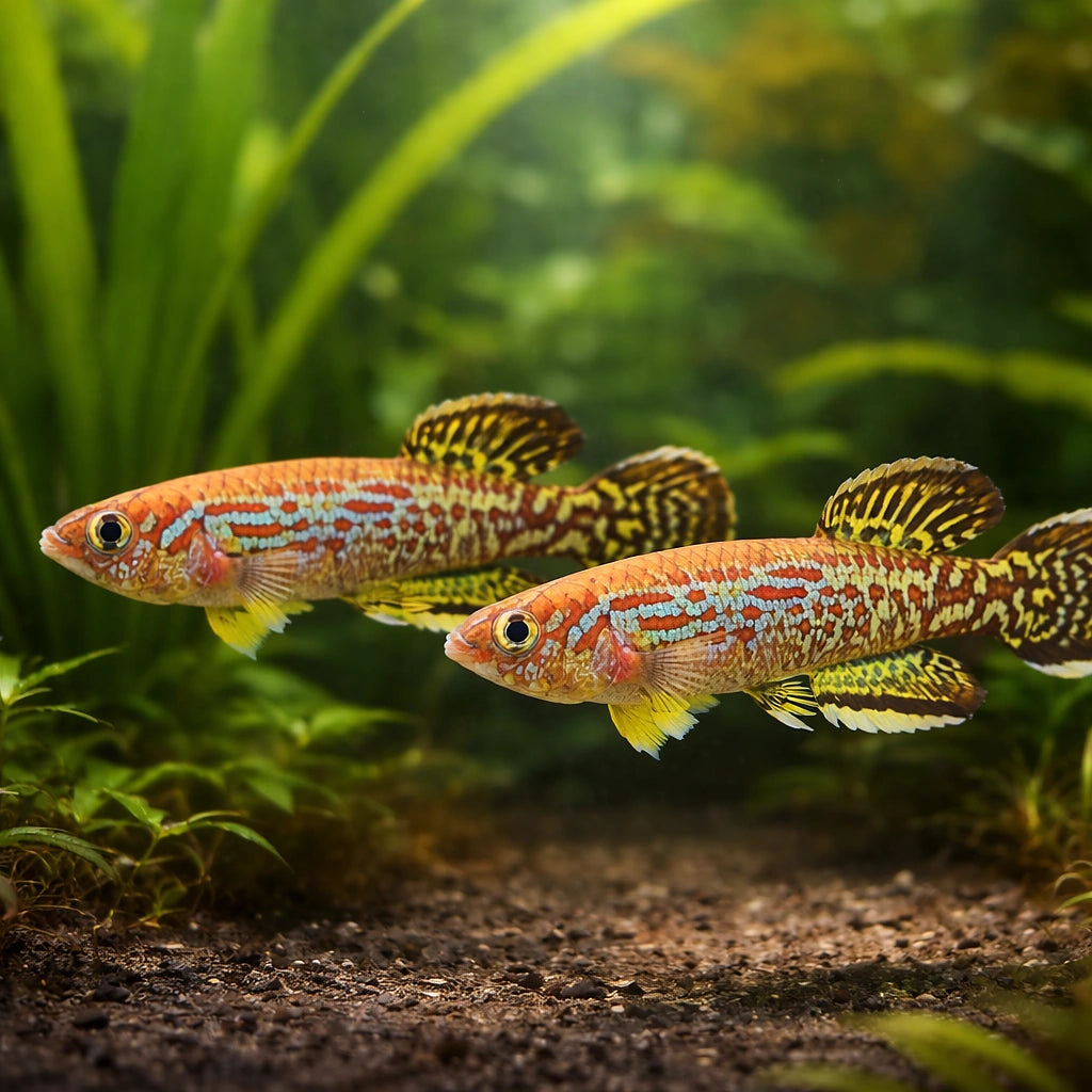 Green-Spangled Chocolate Killie — tropical fish for sale UK — AI pair planted view
