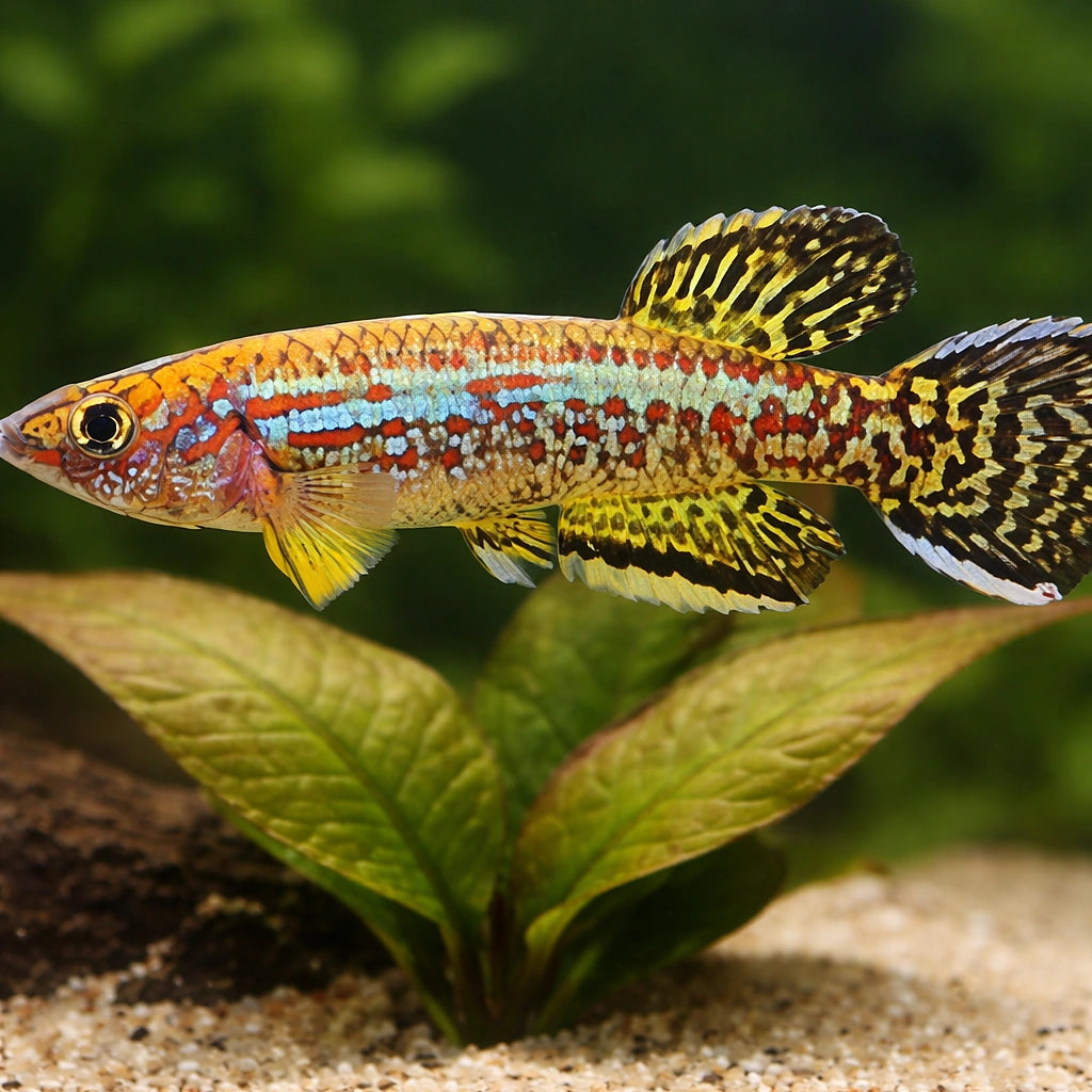 Green-Spangled Chocolate Killie — tropical fish for sale UK — AI scale plant view