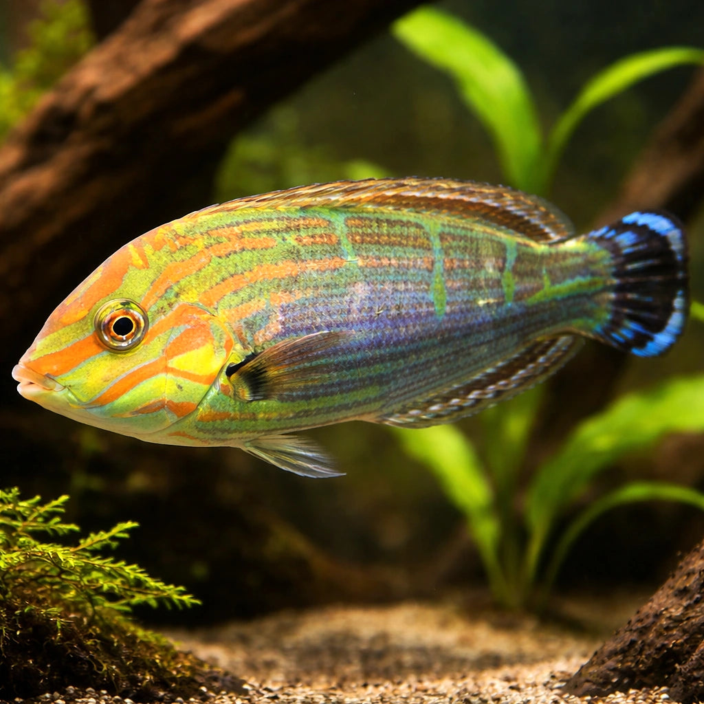 Halichoeres Melanurus - Vibrant Wrasse for UK Aquariums — tropical fish for sale UK — AI hero driftwood view