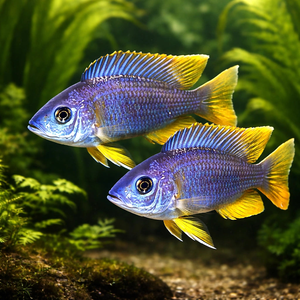 Haplochromis borleyi yelow fin 4 - — tropical fish for sale UK — AI pair planted view