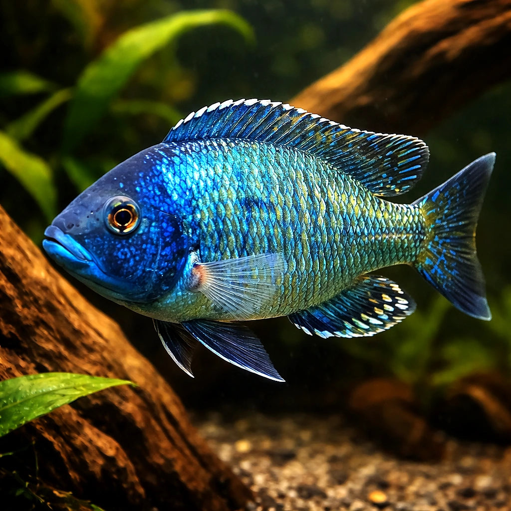 Haplochromis ovatus eastern 4 - — tropical fish for sale UK — AI hero driftwood view