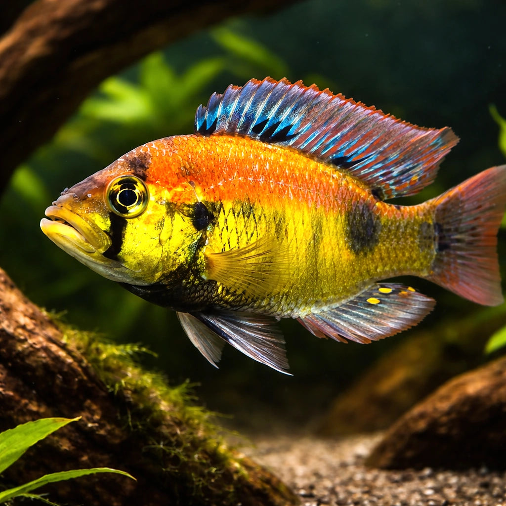 Haplochromis sp. yellow belly 3 - — tropical fish for sale UK — AI hero driftwood view