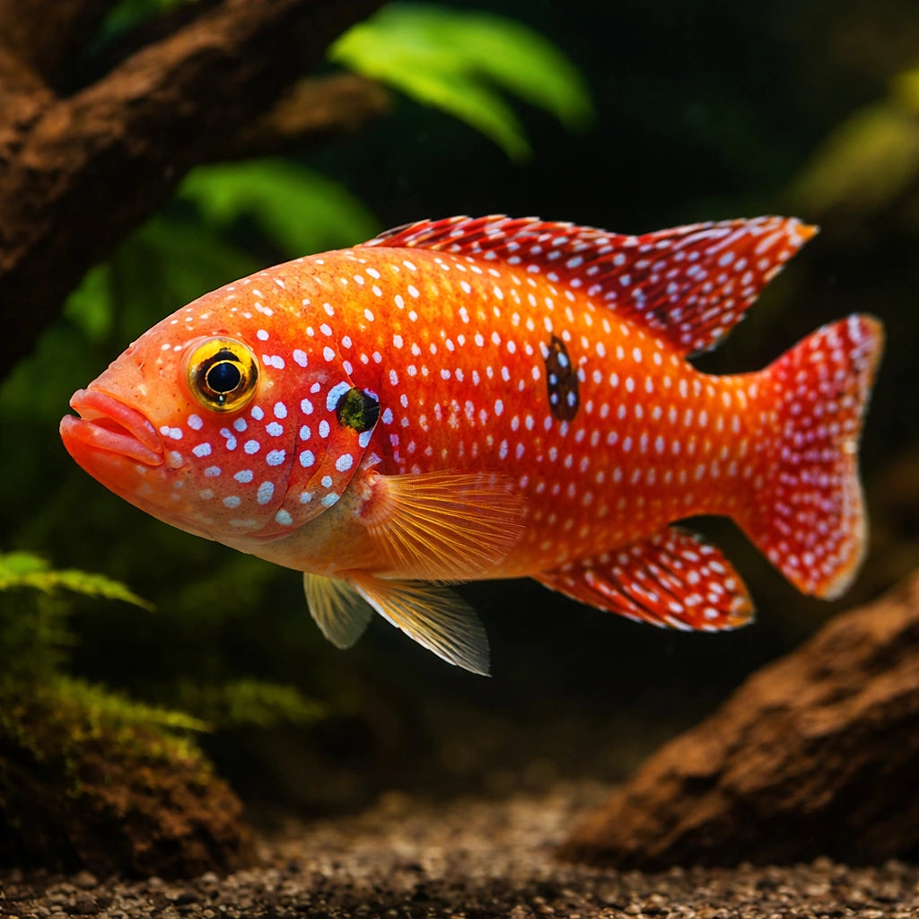 Hemichromis guttatus 3,5 - — tropical fish for sale UK — AI hero driftwood view