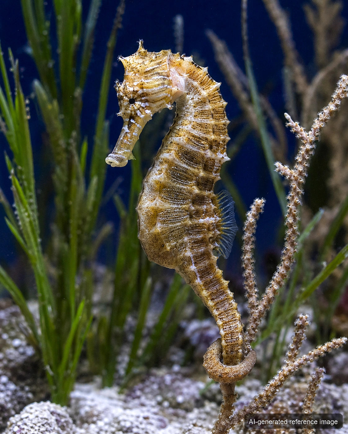 Lined Seahorse Hippocampus erectus with bony rings and curled prehensile tail - AI-generated reference image