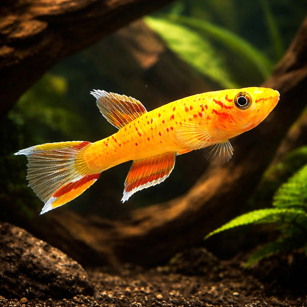 Aphyosemion Australe «Gold» - Gold Lyretail Killi - Male &amp; Female - Killifish, Stunning Golden Killifish, Ideal Companions for Peaceful Aquariums, Easy Care and Thriving Species — for sale UK — AI hero driftwood view