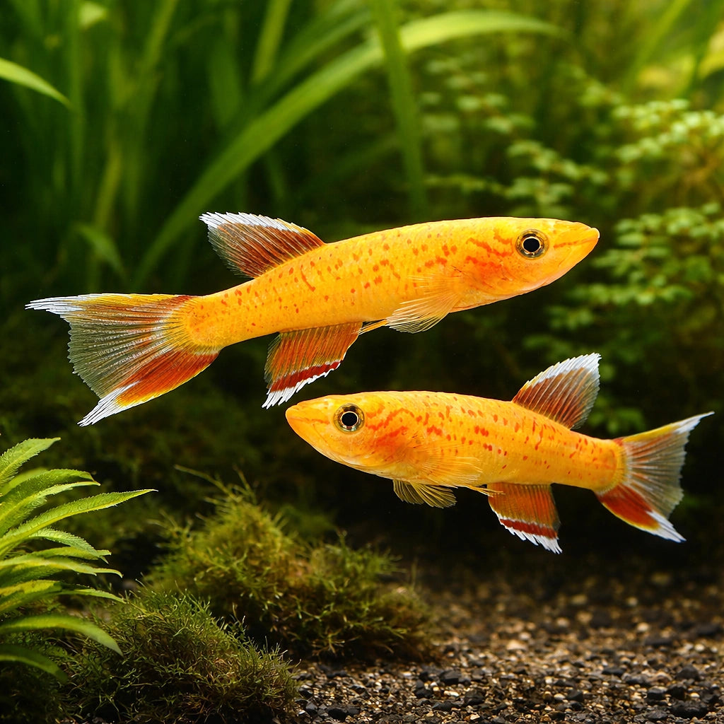 Aphyosemion Australe «Gold» - Gold Lyretail Killi - Male &amp; Female - Killifish, Stunning Golden Killifish, Ideal Companions for Peaceful Aquariums, Easy Care and Thriving Species — for sale UK — AI pair planted view