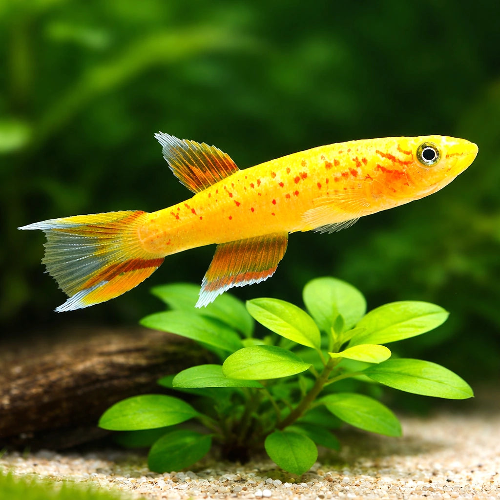 Aphyosemion Australe «Gold» - Gold Lyretail Killi - Male &amp; Female - Killifish, Stunning Golden Killifish, Ideal Companions for Peaceful Aquariums, Easy Care and Thriving Species — for sale UK — AI scale plant view