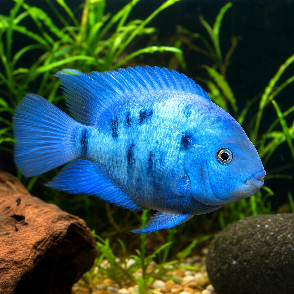 Blue Neon Parrot Cichlid – Hybrid Parrot Fish — AI natural aquarium view
