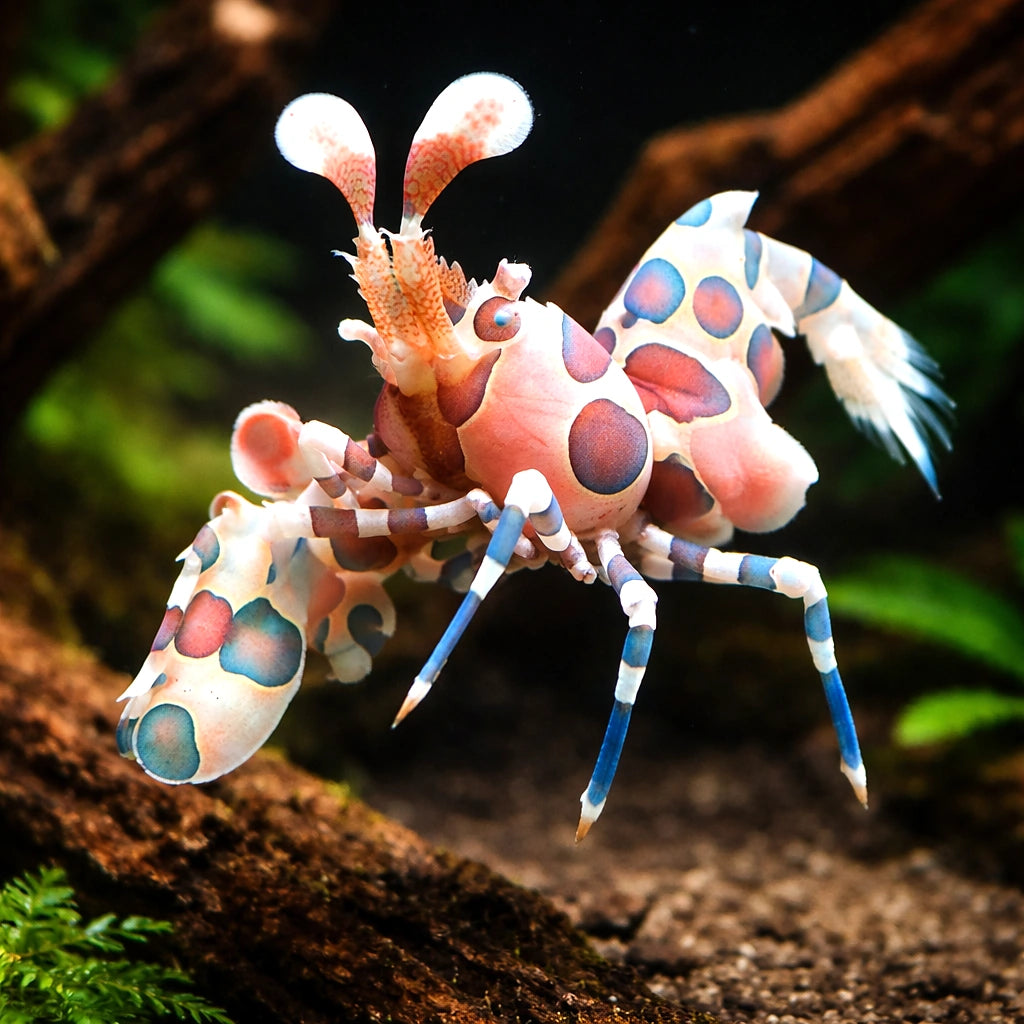 Hymenocera elegans Harlequin Shrimp M — tropical fish for sale UK — AI hero driftwood view