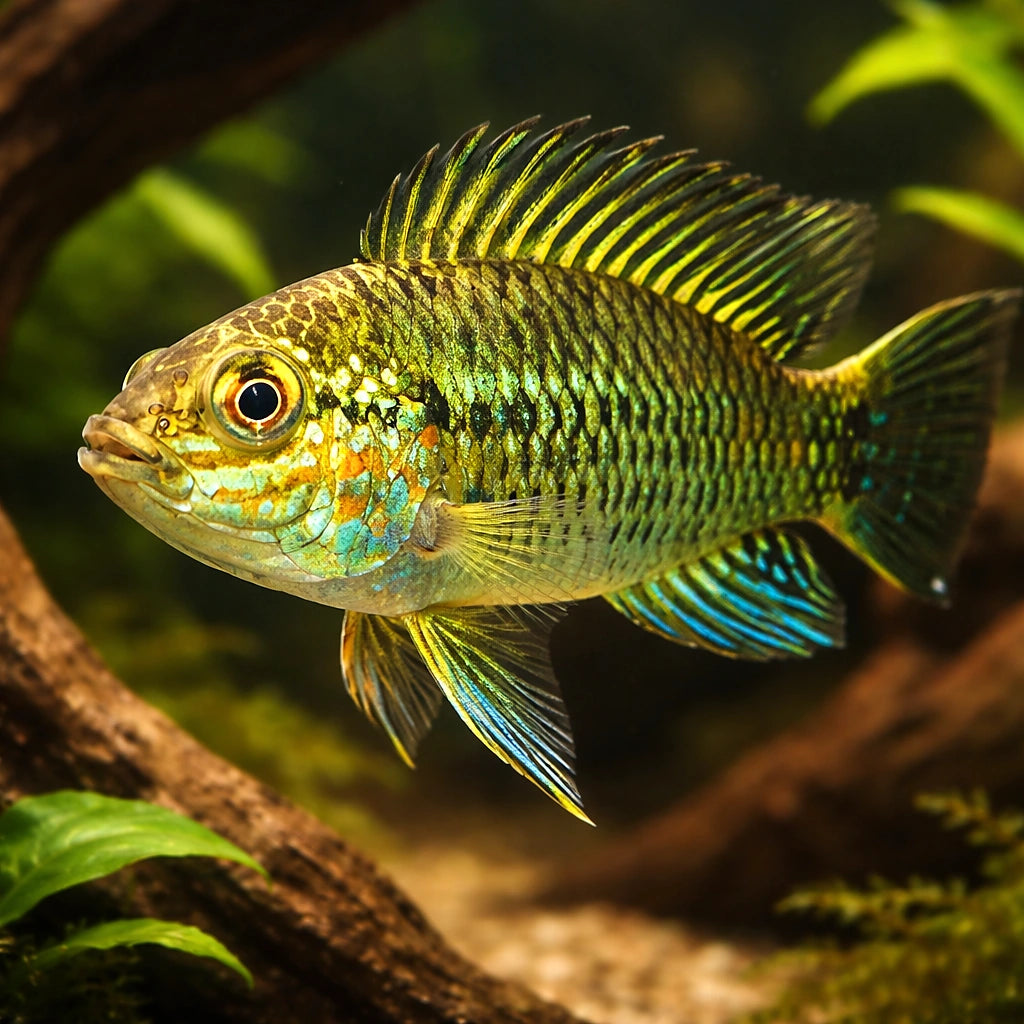 Iconspicua Dwarf Cichlid — tropical fish for sale UK — AI hero driftwood view
