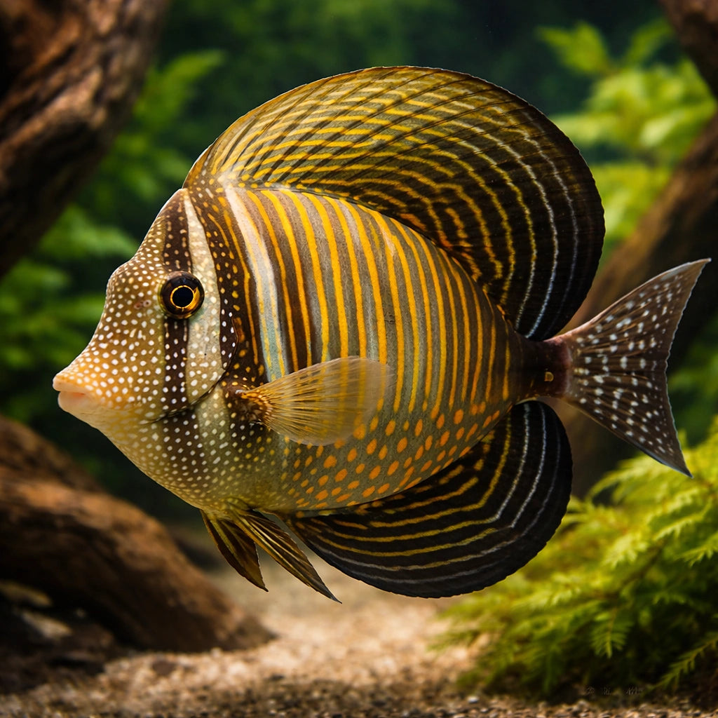 Indian Sail-fin Surgeonfish M — tropical fish for sale UK — AI hero driftwood view