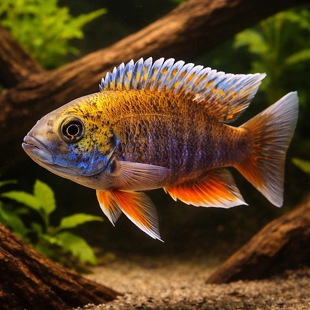 Jacobfreibergi Peacock Cichlid Blue — tropical fish for sale UK — AI hero driftwood view