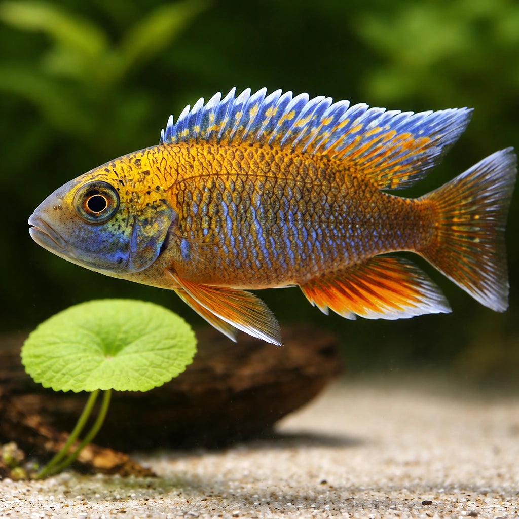 Jacobfreibergi Peacock Cichlid Blue — tropical fish for sale UK — AI scale plant view