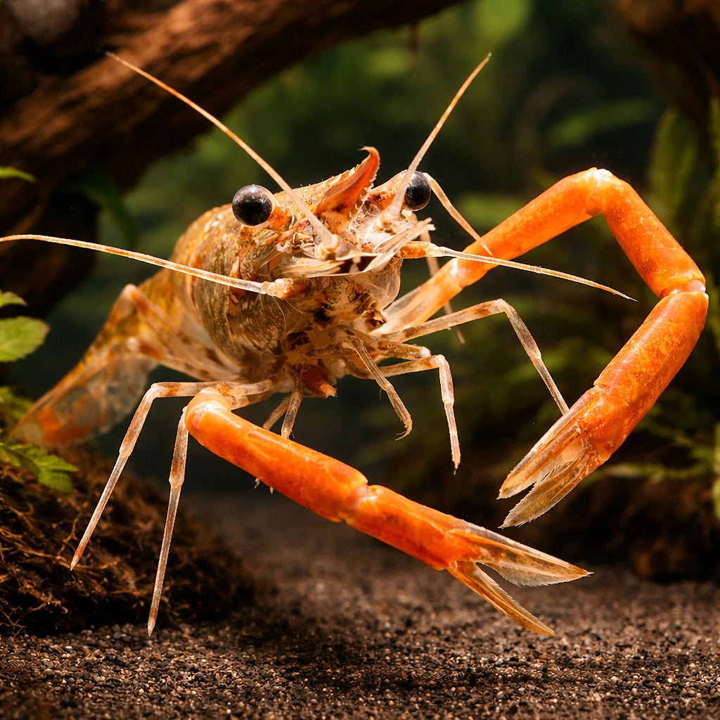 Kaira River Prawn — tropical fish for sale UK — AI hero driftwood view
