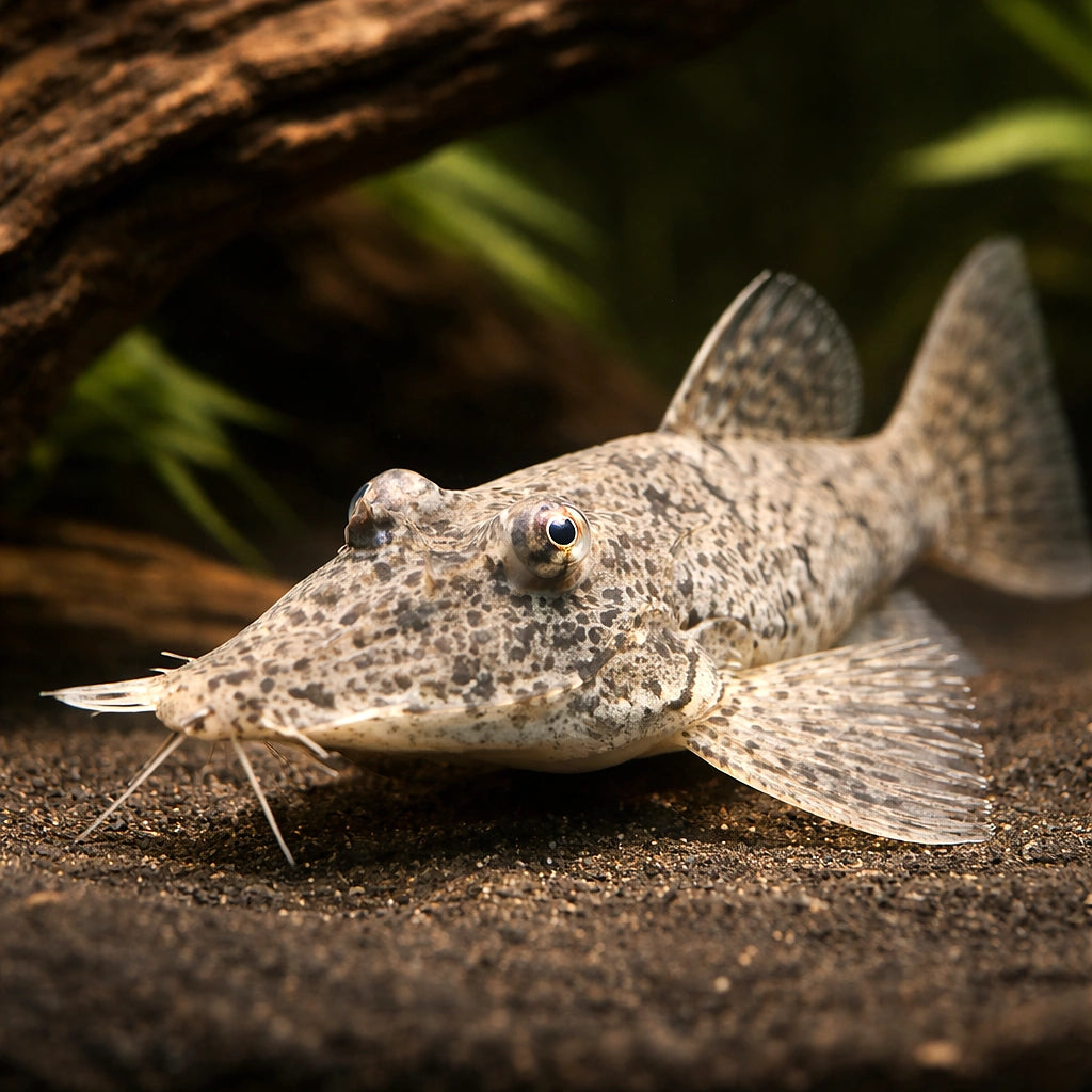 Knobnose Whiptail Catfish — tropical fish for sale UK — AI hero driftwood view