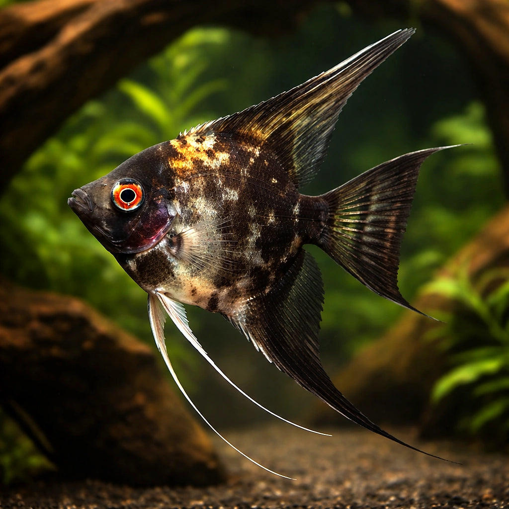 L Mix Angelfish - Pterophyllum scalare — AI hero driftwood view