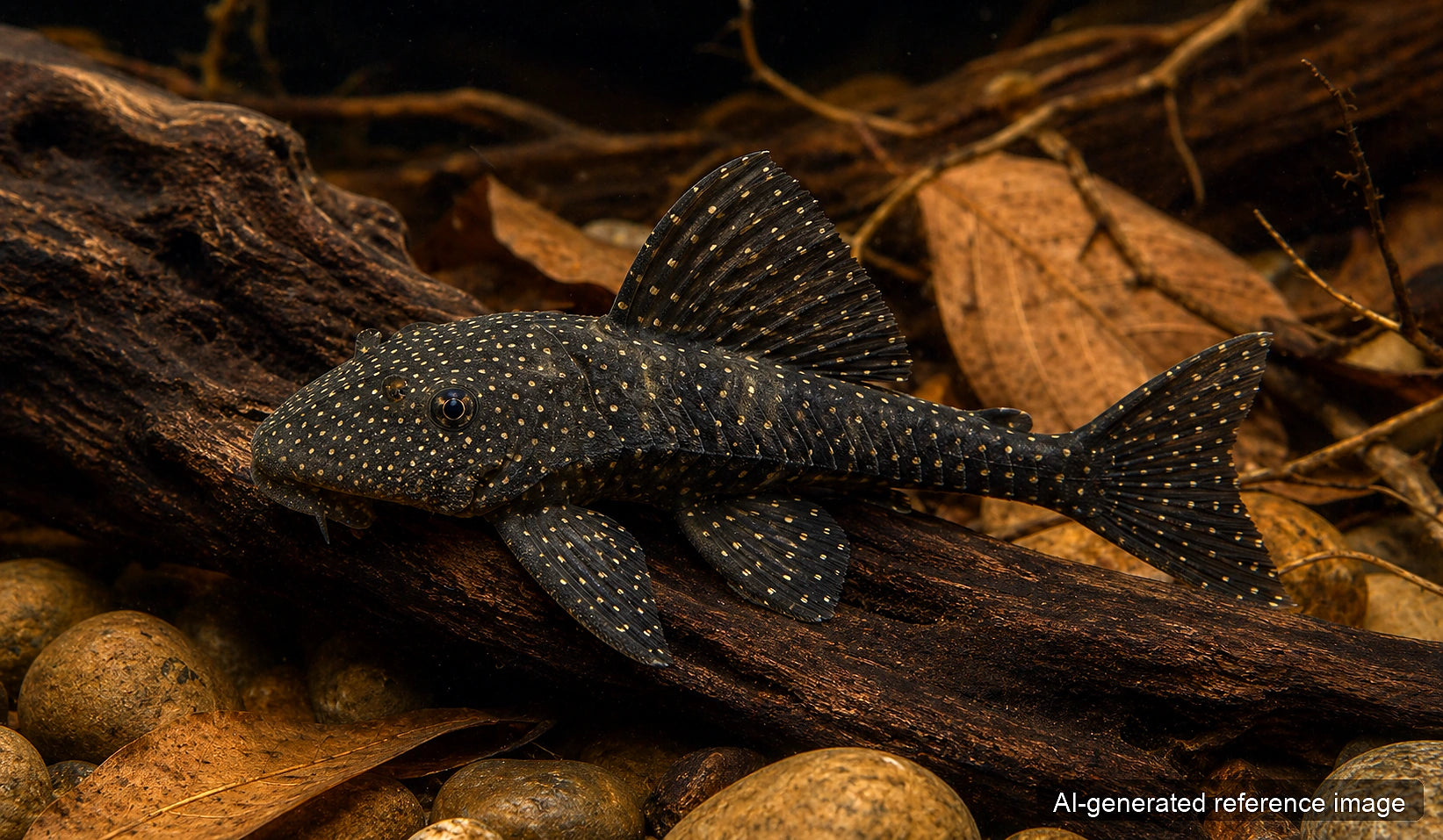 L067 Pseudoancistrus rare pleco with dark spotted body and broad sucker mouth - AI-generated reference image