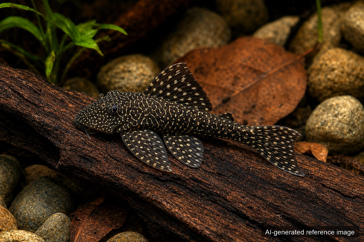 L136 Hypancistrus sp. pleco with dark body and pale broken pattern - AI-generated reference image