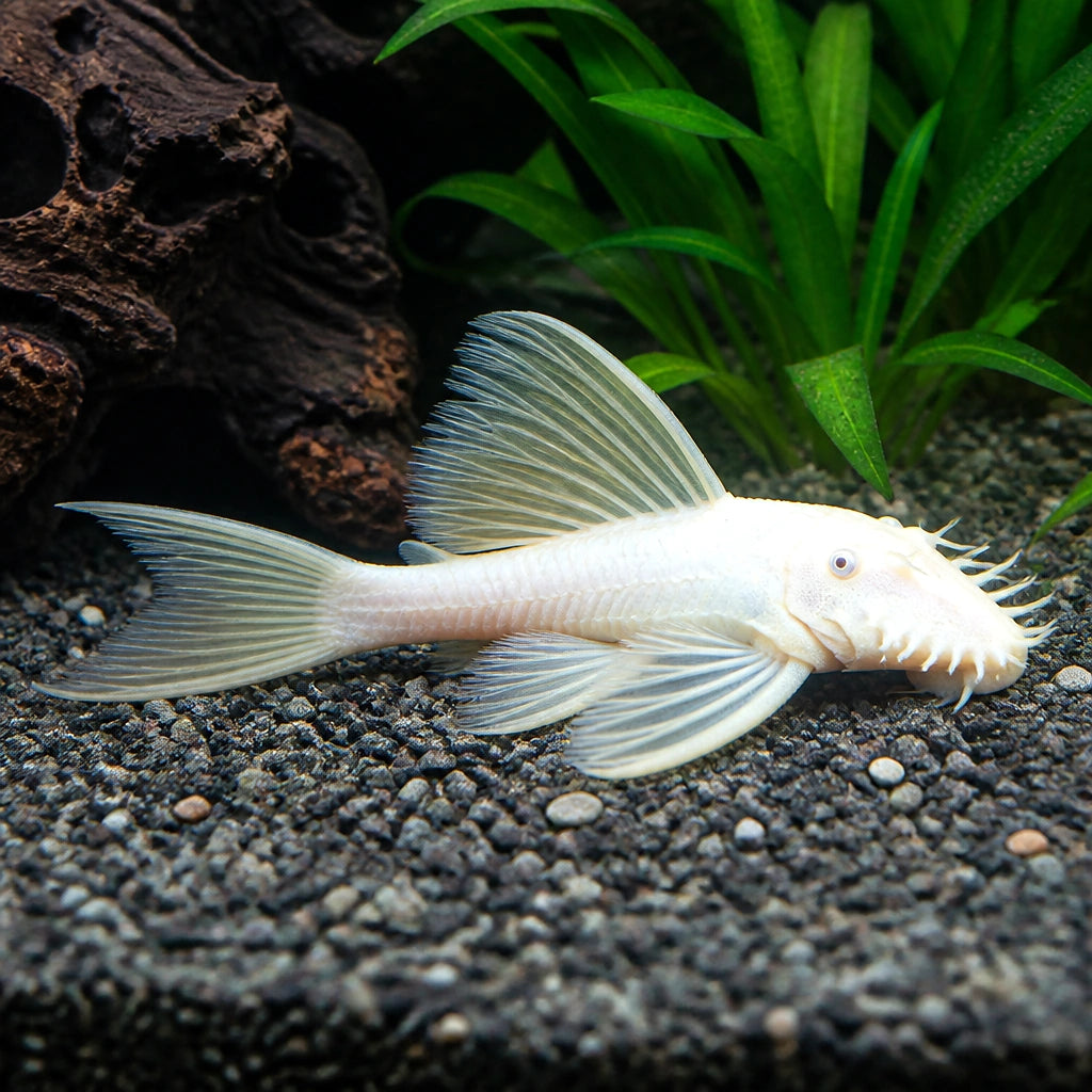 Ancistrus sp. Snow White Long Fin Bristlenose Pleco — Catfish cory pleco for sale UK — AI natural aquarium view