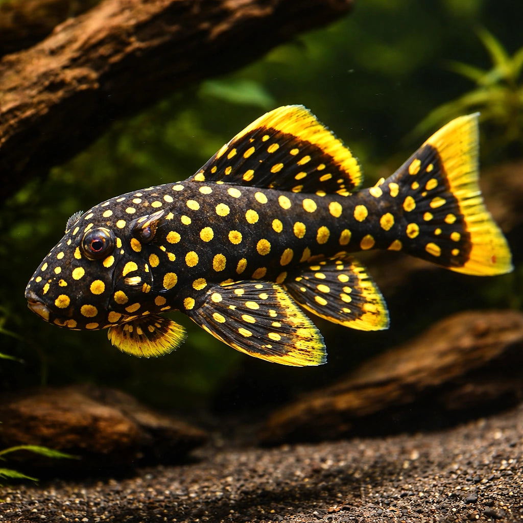 L177 Baryancistrus sp. irri-yellow-seam 8 - — tropical fish for sale UK — AI hero driftwood view