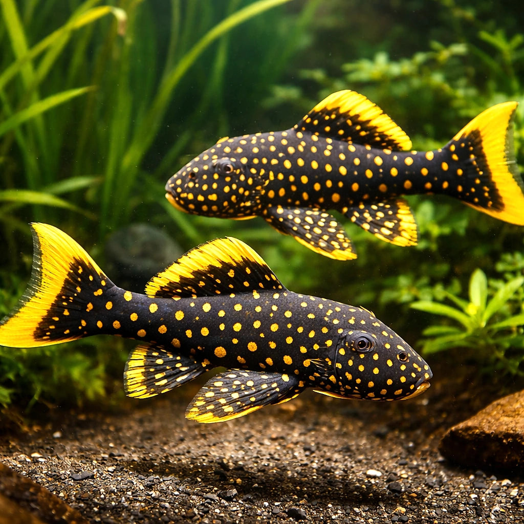 L177 Baryancistrus sp. irri-yellow-seam 8 - — tropical fish for sale UK — AI pair planted view
