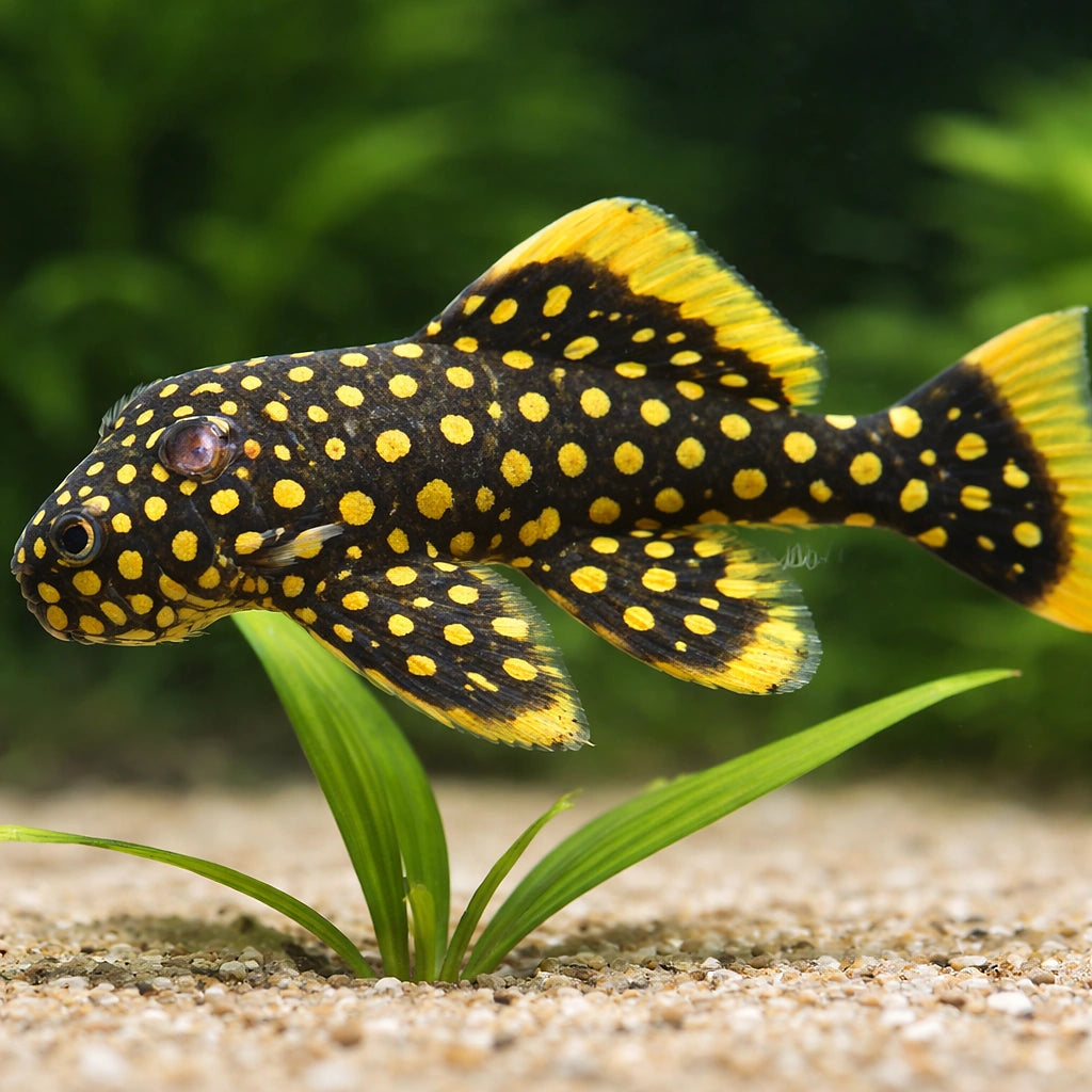 L177 Baryancistrus sp. irri-yellow-seam 8 - — tropical fish for sale UK — AI scale plant view