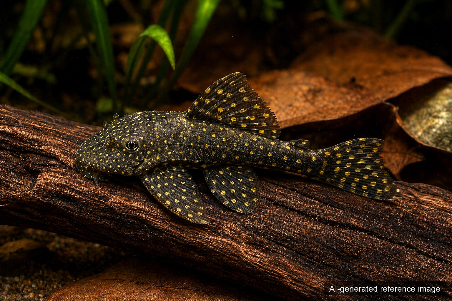 L59 Ancistrus Yellow Spot pleco with dark body and yellow spots on driftwood - AI-generated reference image