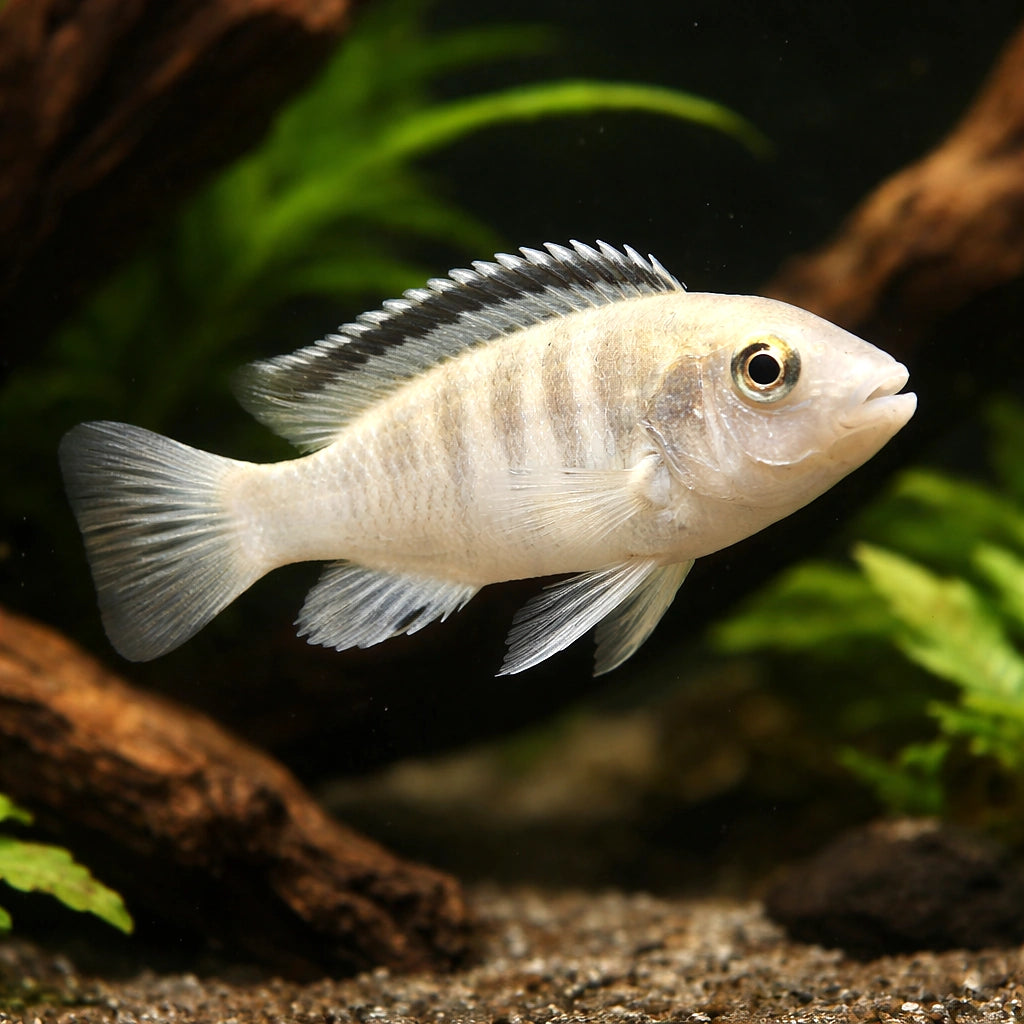 Labidochromis caeruleus albino - Cichlid Fish for Sale UK — AI hero driftwood view