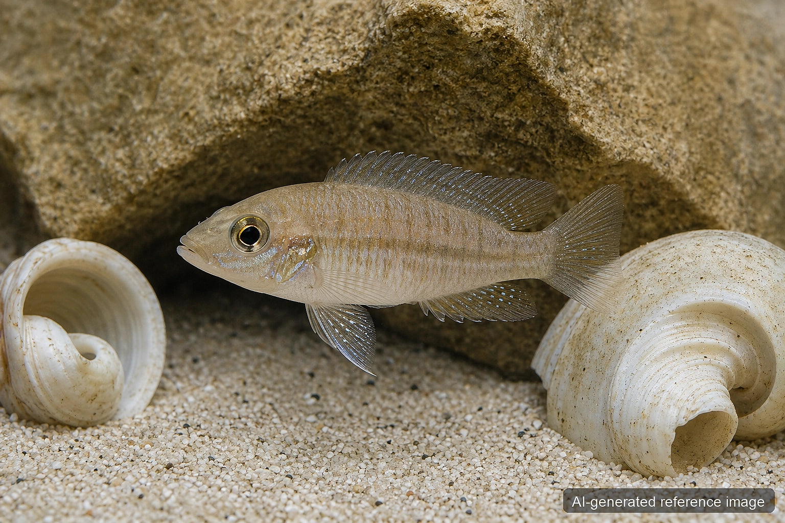 Lamprologus boulengeri Tanganyika cichlid near shells and rockwork - AI-generated reference image