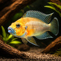 Lamprologus comp. mabilibili orange 3 - — tropical fish for sale UK — AI hero driftwood view