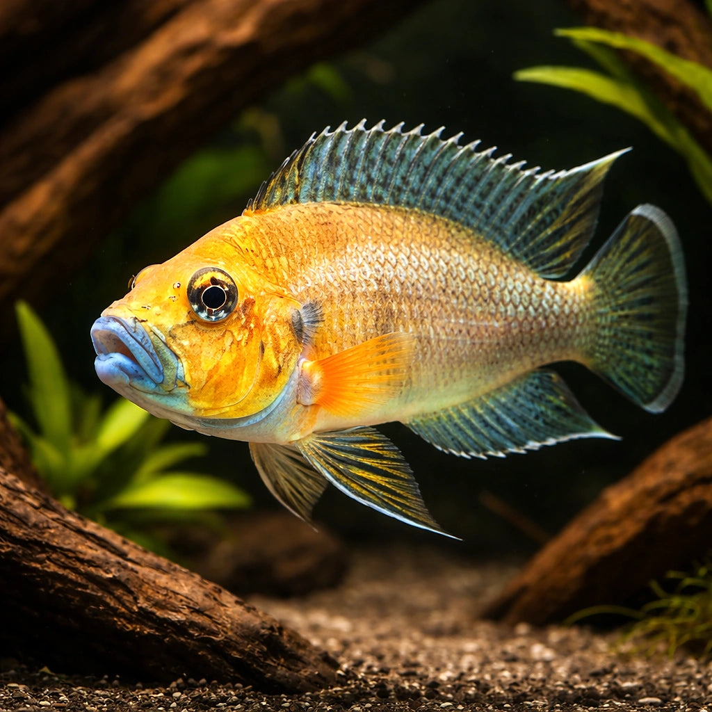 Lamprologus comp. mabilibili orange 3 - — tropical fish for sale UK — AI hero driftwood view