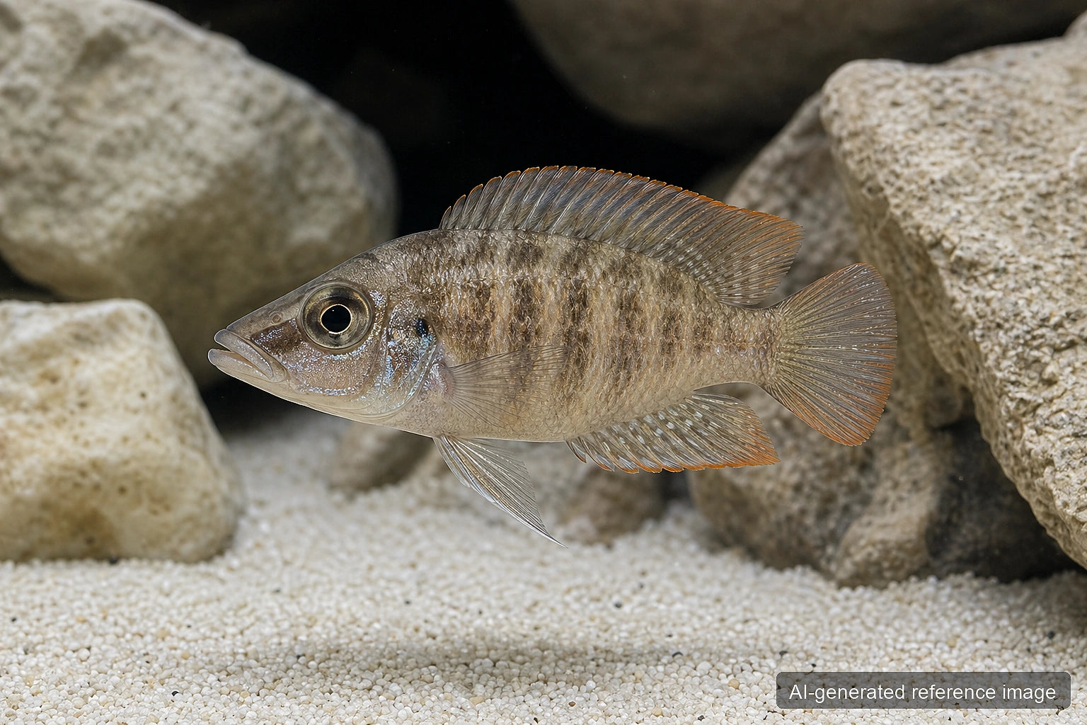 Altolamprologus compressiceps Tanzania Red Fin juvenile in a Tanganyika aquarium - AI-generated reference image