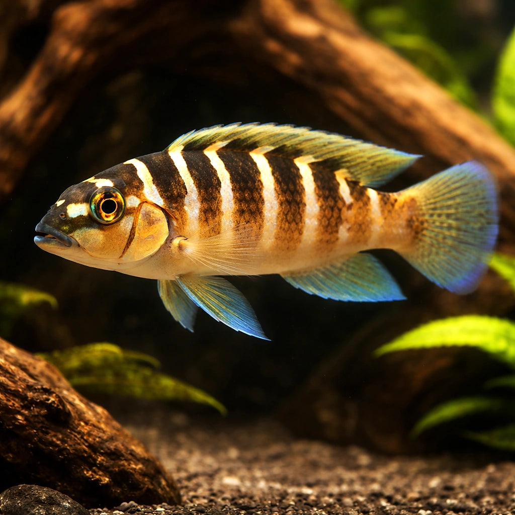 Lamprologus cylindricus S — tropical fish for sale UK — AI hero driftwood view