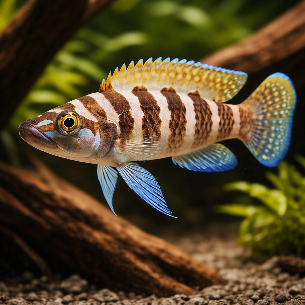 Lamprologus cylindricus yellowh. 3 - — tropical fish for sale UK — AI hero driftwood view