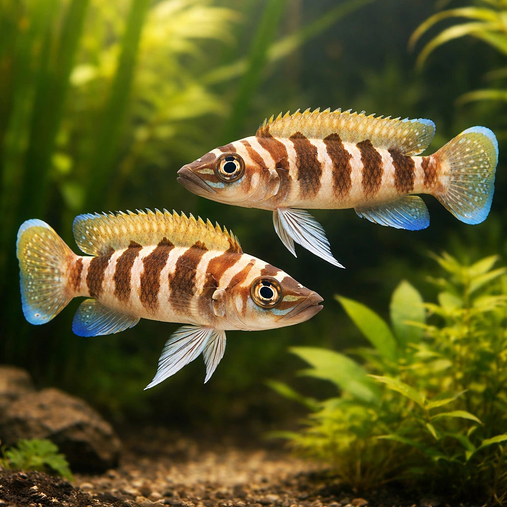 Lamprologus cylindricus yellowh. 3 - — tropical fish for sale UK — AI pair planted view