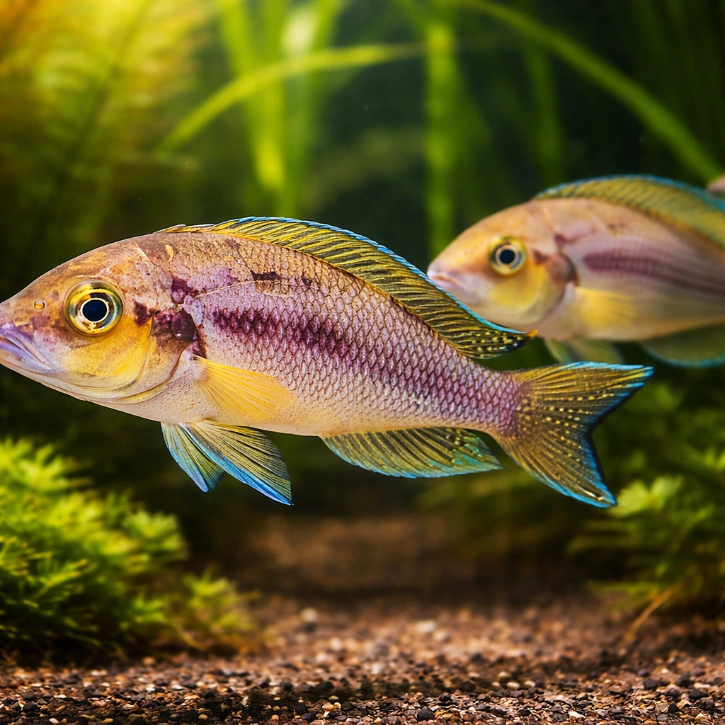 Lamprologus furcifer 4 - — tropical fish for sale UK — AI pair planted view