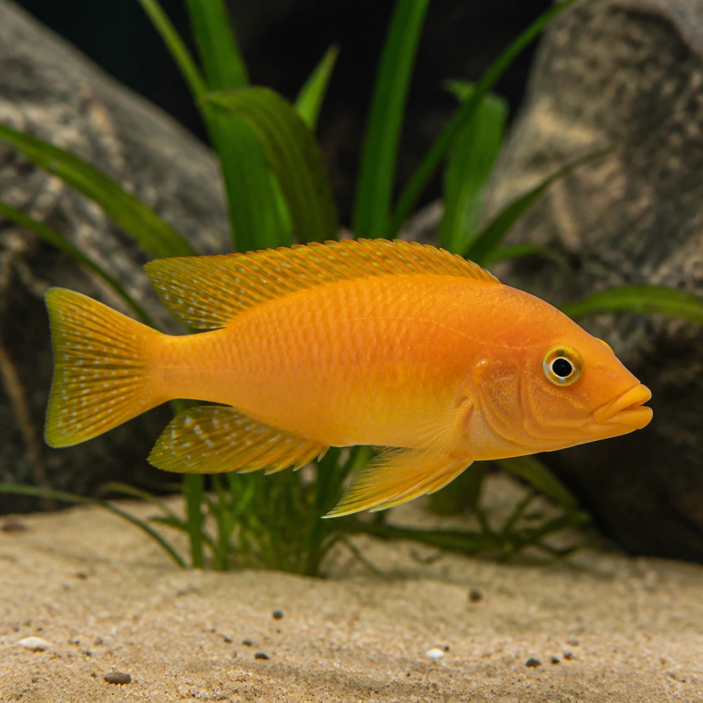 Lemon Cichlid - Leleupi Orange - Neolamprologus Leleupi - Tanganyika Lake, Stunning Cichlid for Beginners Seeking Vibrant Additions to Their Freshwater Aquariums — for sale UK — AI natural aquarium view