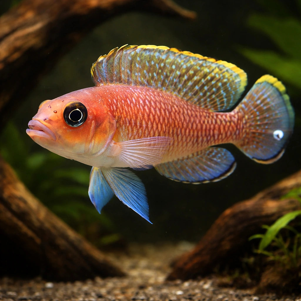 Lamprologus ornatipinis 3,5 - — tropical fish for sale UK — AI hero driftwood view