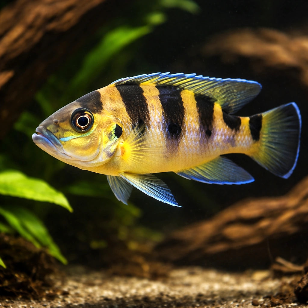 Lamprologus sexfasciatus 4 - — tropical fish for sale UK — AI hero driftwood view